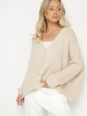 Beżowy Kardigan z Dekoltem w Serek z Dzianiny z Wełną i Moherem Lismio jumelle