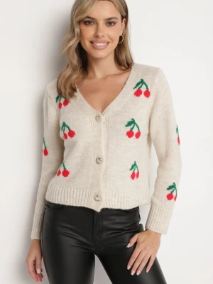 Beżowy Kardigan z Dekoltem w Serek Zdobiony Wzorem w Wisienki Neliviel New Collection