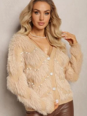 Beżowy Kardigan z Dłuższym Włosiem w Perły i Cyrkonie Aretina elsa.m by may
