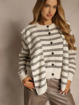 Beżowy Kardigan z Dodatkiem Wełny Zdobiony Wzorem w Paski i Narzutką Fedira