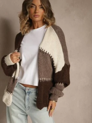 Beżowy Kardigan z Domieszką Wełny i Wiskozy w Patchworkowym Stylu Fesolinne jumelle