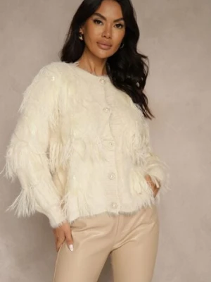 Beżowy Kardigan z Dzianiny z Wełną Imitującą Pióra z Perłowymi Guzikami Meviatta j&x