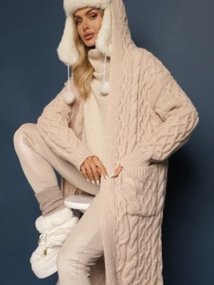 Beżowy Kardigan z Tłoczonej Dzianiny z Wełną i Wiskozą z Kapturem i Kieszeniami Vaileth moni&co