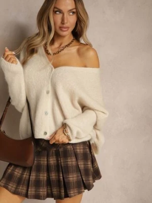 Beżowy Kardigan z Wełną i Moherem o Klasycznym Kroju z Dekoltem w Serek Avelmio jumelle