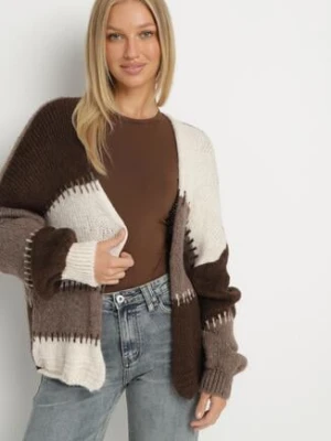 Beżowy Kardigan z Wełną i Wiskozą w Patchworkowe Łaty Fesunesa jumelle