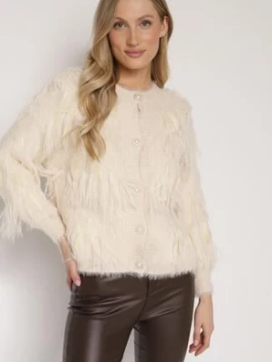 Beżowy Kardigan z Wełną o Fakturze Imitującej Pióra z Ozdobnymi Guzikami Mevinalia