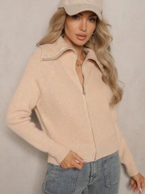 Beżowy Kardigan z Wełną o Kroju z Golfem i Zapięciem na Zamek Zinfria j&x