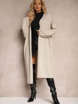 Beżowy Kardigan z Wiskozą o Długim Kroju Zapinany na Guziki z Metaliczną NIcią Arkaria belcci