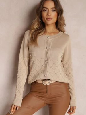 Beżowy Kardigan Zapinany z Perłami Kilfa elsa.m by may