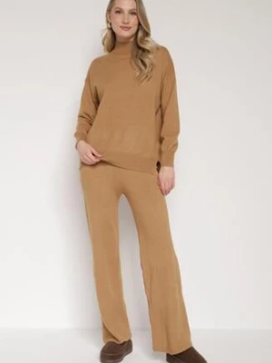 Beżowy Klasyczny Dzianinowy Komplet z Wiskozą Szerokie Spodnie i Sweter Półgolf Reillena