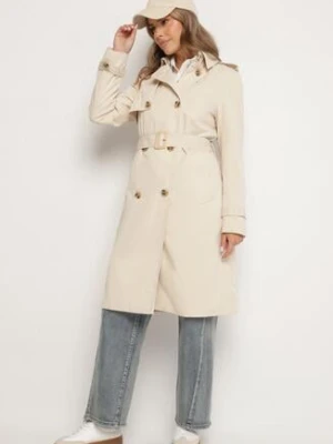 Beżowy Klasyczny Płaszcz Trencz o Dwurzędowym Kroju z Paskiem i Klapą Sareti j.style