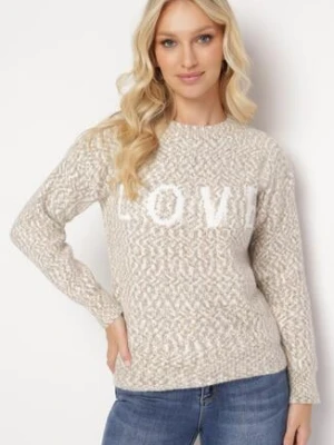 Beżowy Klasyczny Sweter z Napisem i Ściągaczami Haccate kamaella