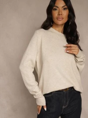 Beżowy Klasyczny Sweter z Wełną i Bawełną Bez Zdobień Neandia