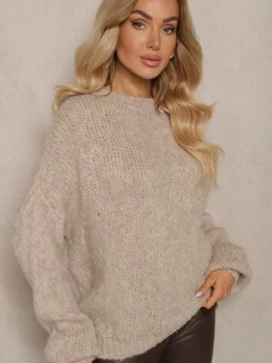 Beżowy Klasyczny Sweter z Wełną i Wiskozą o Luźnym Kroju Omethea jumelle