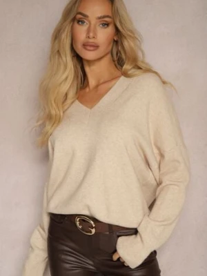 Beżowy Klasyczny Sweter z Wiskozą i Kaszmirem Marirra tandem