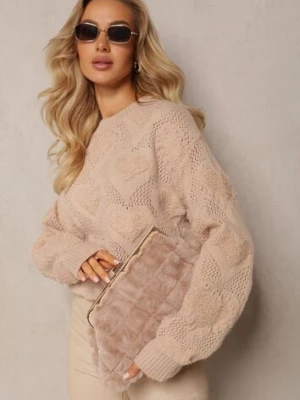 Beżowy Klasyczny Sweter ze Splotem w Serca i Ściągaczami Miadove moni&co