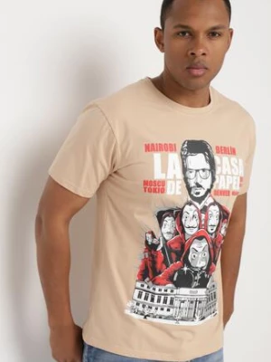 Beżowy Klasyczny T-shirt z Bawełny z Dużym Nadrukiem Gunelia