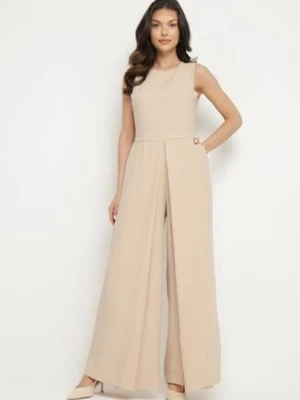 Beżowy Kombinezon Bez Rękawów z Szerokimi Nogawkami i Kieszeniami Veleldia lovery