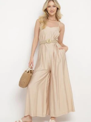 Beżowy Kombinezon na Ramiączkach z Szerokimi Nogawkami Antonnia melya by melody