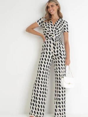 Beżowy Kombinezon w Geometryczny Wzór z Długimi Nogawkami i Materiałowym Paskiem Marty by swan