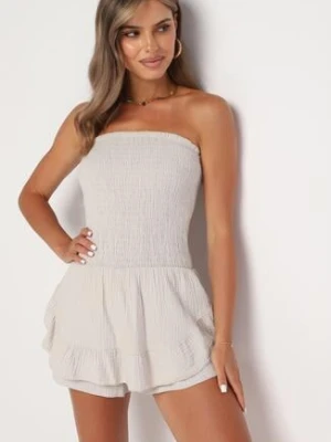 Beżowy Kombinezon z Bawełny z Elastyczną Gumką w Talii i Falbanką Olialia jumelle