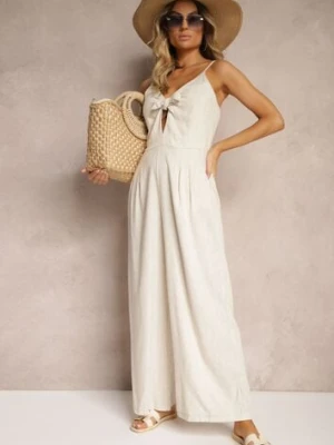 Beżowy Kombinezon z Bawełny z Szerokimi Nogawkami na Ramiączkach z Regulacją i Wiązaniem Tylona rosa