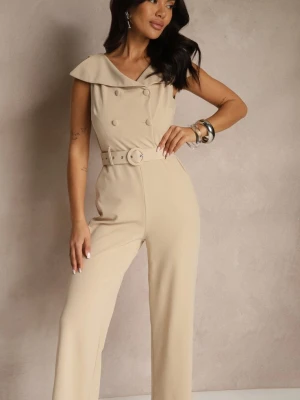 Beżowy Kombinezon z Dekoltem w Łódkę Guzikami i Paskiem Galissela Fashion