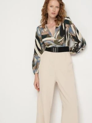 Beżowy Kombinezon z Kopertową Górą i Szerokimi Spodniami oraz Paskiem Elavina rosa