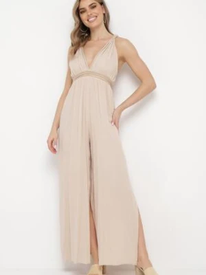 Beżowy Kombinezon z Lnu i Wiskozy z Szerokimi Rozciętymi Nogawkami Yaneisa manosque