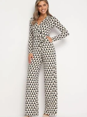 Beżowy Kombinezon z Wiązanym Paskiem w Geometryczny Print Ninatti by swan