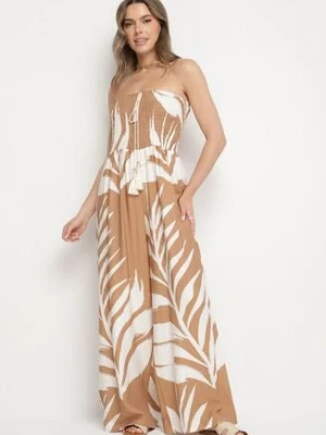 Beżowy Kombinezon z Wiskozą i Lnem Ozdobiony Wzorem LIści Fevisaie rosita