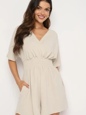 Beżowy Kombinezon z Zakładkowym Dekoltem i Gumką w Talii Belandrea lovery