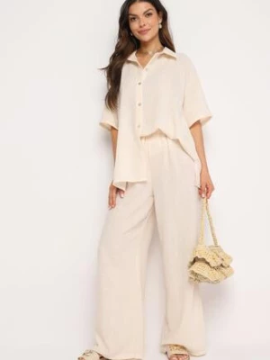 Beżowy Komplet 2-Częściowy Koszula o Luźnym Kroju Szerokie Spodnie z Gumką w Talii Vimitha