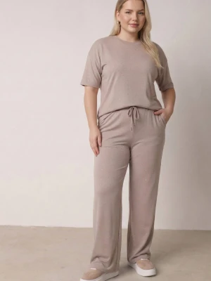 Beżowy Komplet Bawełniany o Fasonie Oversize T-shirt i Spodnie Azilane Ab. Ambitonfly