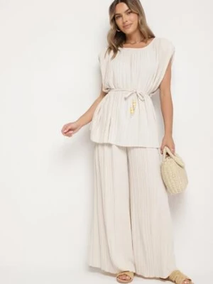 Beżowy Komplet Bluzka z Wiązanym Paskiem i Szerokie Spodnie Dolarea allyson