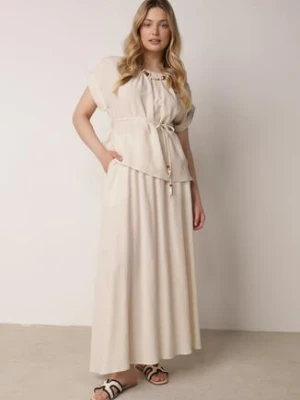 Beżowy Komplet Boho z Lnem i Wiskozą Spódnica i Nietoperzowa Bluzka Fysernara unigirl