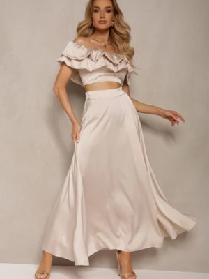 Beżowy Komplet Długa Spódnica Rozkloszowana z Rozcięciem na Boku oraz Bluzka Hiszpanka Virera