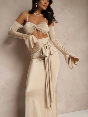 Beżowy Komplet Dopasowana Spódnica z Trenem i Top z Rękawami z Falbanką Adivaria allyson