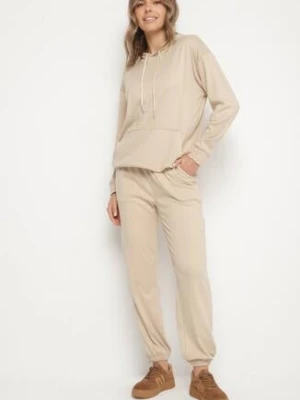 Beżowy Komplet Dresowy Bluza z Kapturem i Kangurową Kieszenią i Spodnie Liriela defox