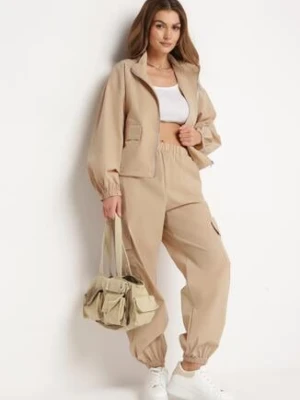 Beżowy Komplet Dresowy Rozpinana Bluza ze Ściągaczem i Spodnie Bojówki z Elastyczną Gumką w Pasie Ellsera