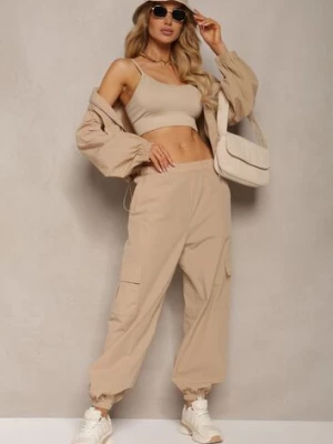 Beżowy Komplet Dresowy Spodnie Bojówki z Gumką w Pasie i Bluza na Suwak Zakończona Ściągaczem na Dole Tiazena