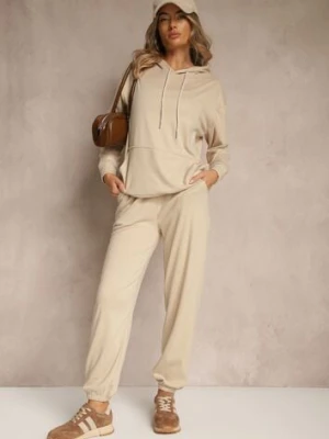 Beżowy Komplet Dresowy Spodnie i Bluza z Kapturem i Kangurową Kieszenią Lotilea defox