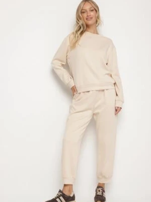 Beżowy Komplet Dresowy z Bawełną Bluza i Spodnie Joggery Ette h&s