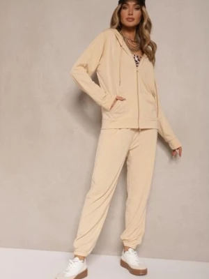 Beżowy Komplet Dresowy z Bluzą z Kapturem i Spodniami z Gumką w Pasie Typu Jogger Tellgana