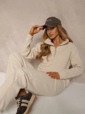 Beżowy Komplet Dresowy z Polaru Bluza z Krótkim Suwakiem i Spodnie Joggery Hypamena