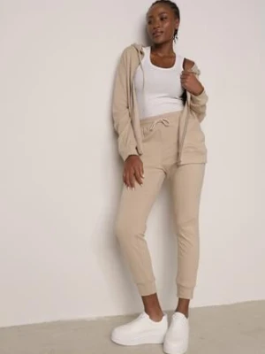 Beżowy Komplet Dresowy Zasuwana Bluza z Kapturem i Spodnie Typu Jogger Nedisare