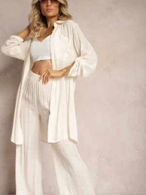 Beżowy Komplet Dwuczęściowy Koszula z Rękawem 3/4 Spodnie z Gumką w Talii i Rozcięciem Oeviana