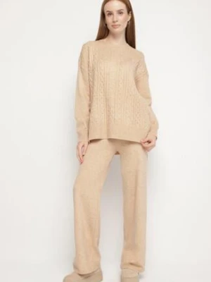 Beżowy Komplet Dzianinowy z Bawełną i Wełną Spodnie i Warkoczowy Sweter Errela