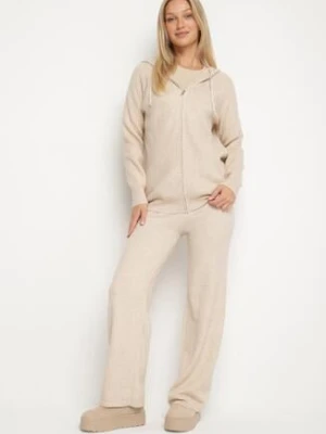 Beżowy Komplet Dzianinowy z Wełną Bluza z Kapturem i Szerokie Spodnie Otisela j&x
