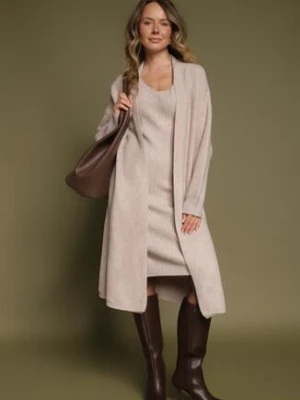 Beżowy Komplet Dzianinowy z Wełną Długi Kardigan i Sukienka w Prążki Falandrea j&x